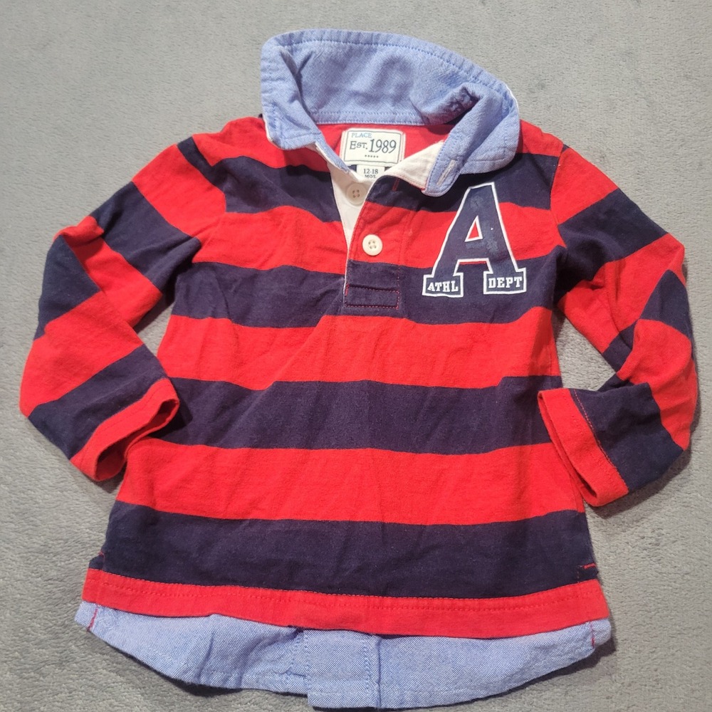 The Children's Place Rugby Polo Boys 12-18M Red Navy Striped‎ Long Sleeve Preppy